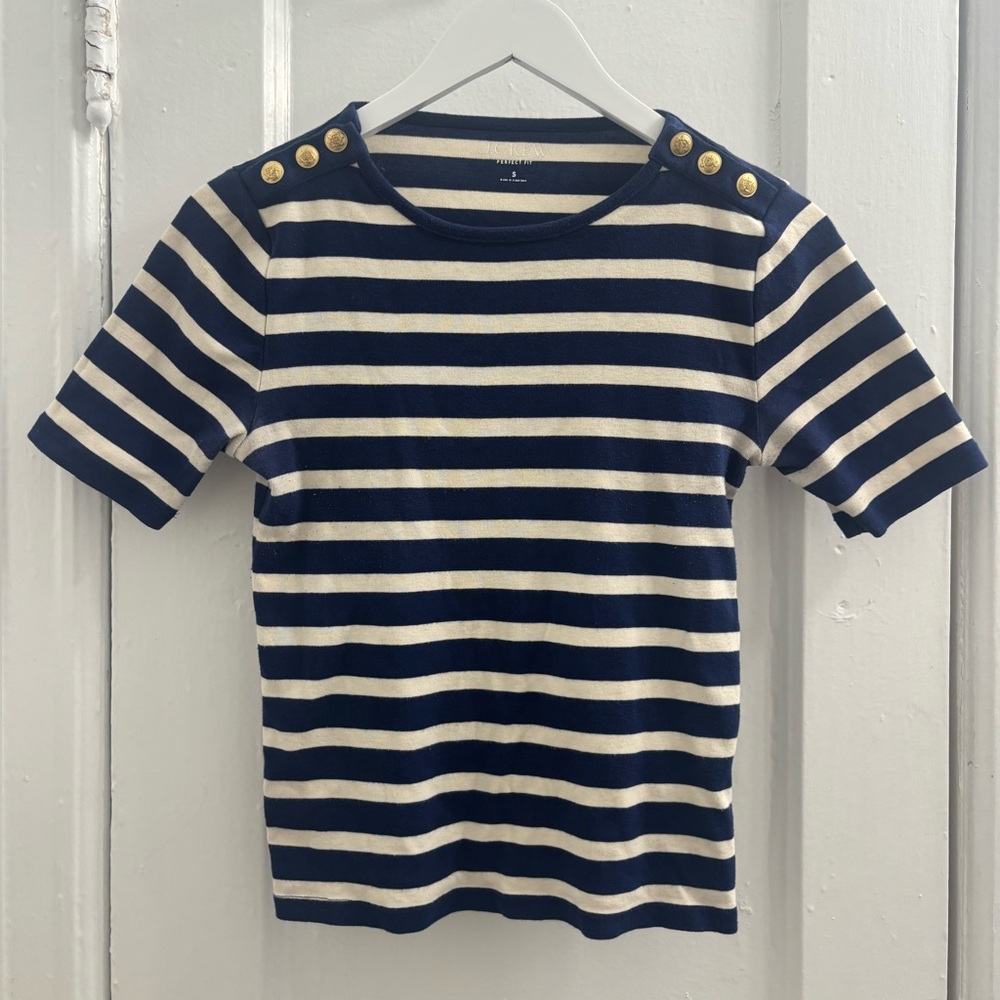 J. Crew Perfect-Fit Elbow-Sleeve T-shirt in stripe with gold buttons, Carter